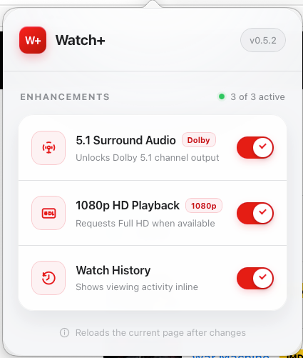 Cine 5.1 Safari extension interface