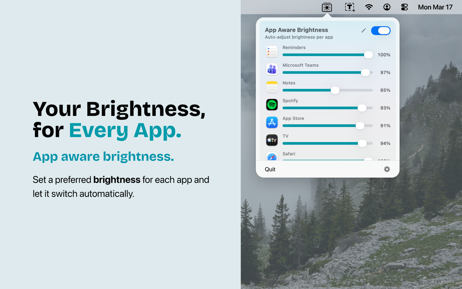 Tejora App Aware Brightness interface with per-app brightness sliders